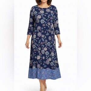 Talbots Midi Sheath Dress Size 14W Blue Floral Paisley Side Twist 3/4 Sleeve